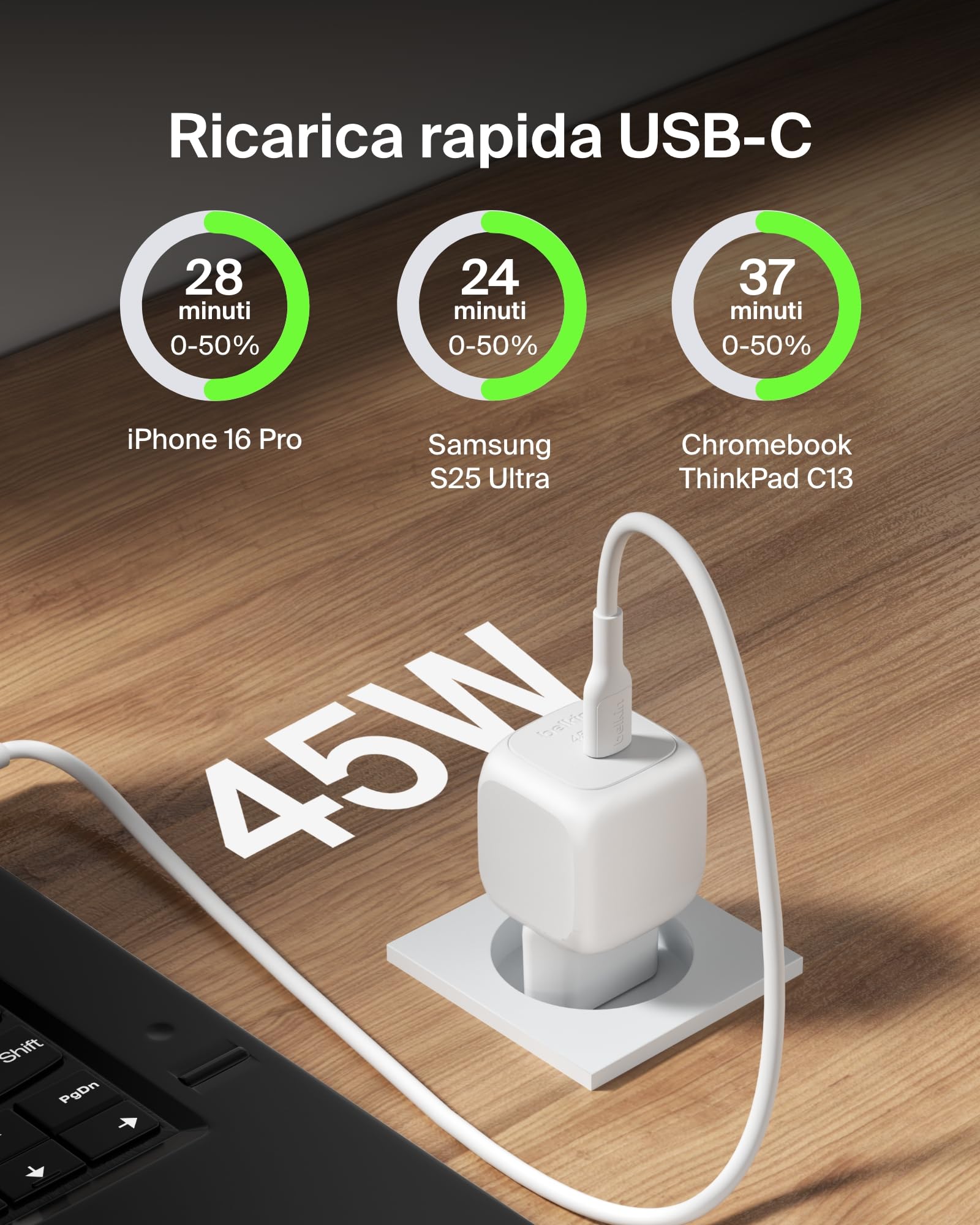 Belkin Caricatore da parete compatto da 45 W, ricarica rapida USB-C Power Delivery per Apple iPhone 16, 16 Plus, 16 Pro, 16 Pro Max, 15 Series, Samsung Galaxy S25, iPad, AirPods e altri, bianco