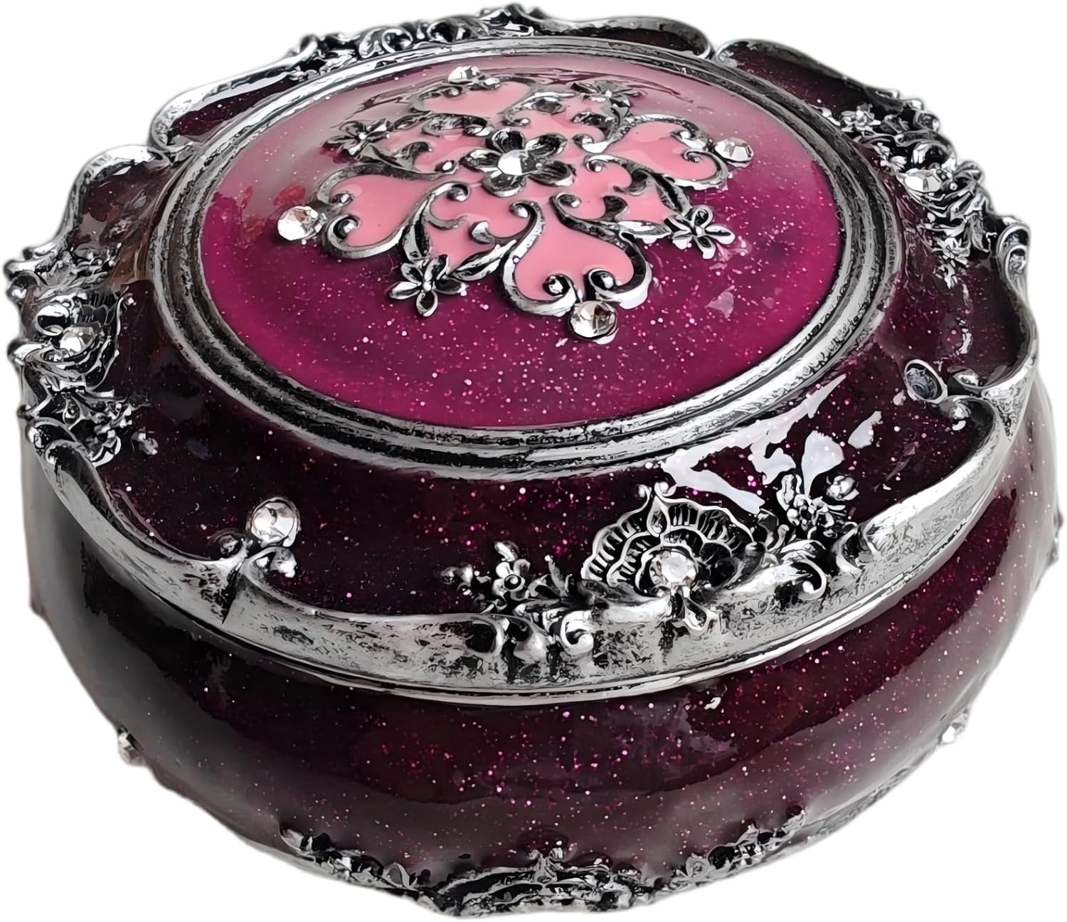 Handcrafted Round Jewelry Box - Vintage Rose Treasure Box with Carved Floral Lid, Elegant Organizer for Rings, Earrings, Necklaces and Bracelets, Romantic Gift for Wedding and Anniversary