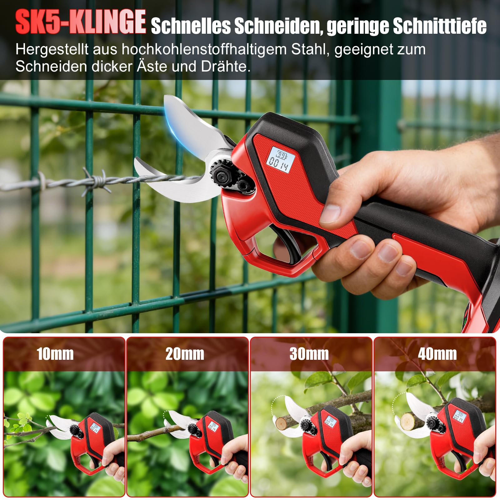 Akku Astschere, 40mm Öffnung Elektrische Gartenschere Akku Baumschere Astschneider Mit 2×21V 2.0AH Akku, 600W BüRstenlosem Elektrisch Garten Schere Mit LCD-Anzeige FüR Zweige, Sträucher, StäMme