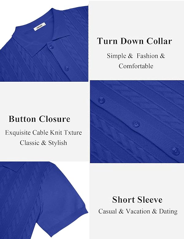 COOFANDY Mens Knit Button Down Shirts Short Sleeve Polo Shirt Casual Vintage Summer Beach Shirts Royal Blue by COOFANDY - Used condition - Image 6