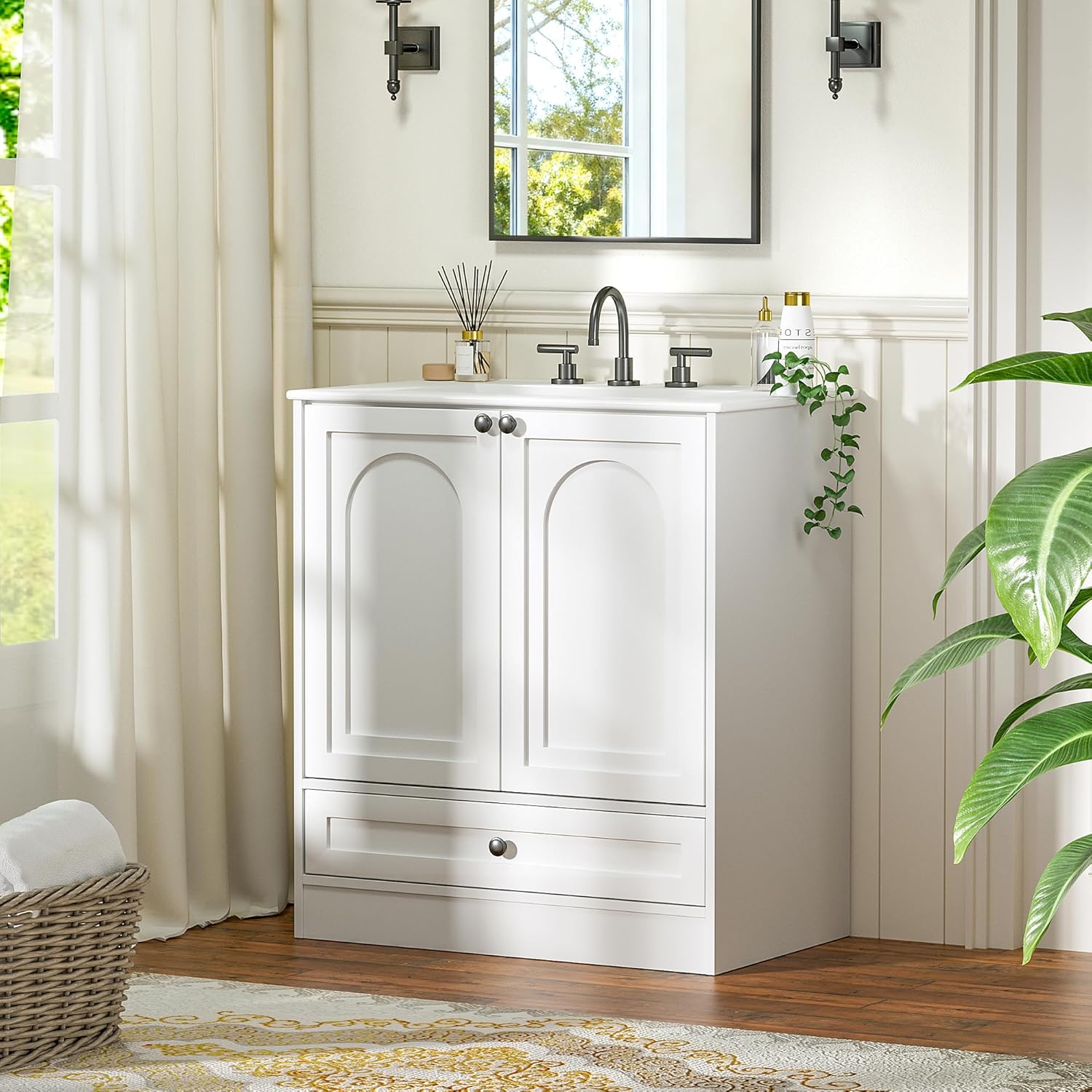 Freestanding Bathroom Vanity with Ceramic Sink, Large Storage Cabinet with Drawers, Metal Handles,Modern Undermount Sink Vanity Combo for Master Bathroom, White (Arched Panel, 30 Inch)