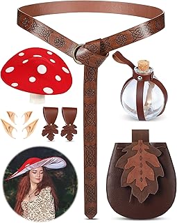 8 Pcs Women Renaissance Accessories Mushroom Hat Medieval Viking Belt Leaf Bag Elf Ears Potion Bottles Skirt Hikes