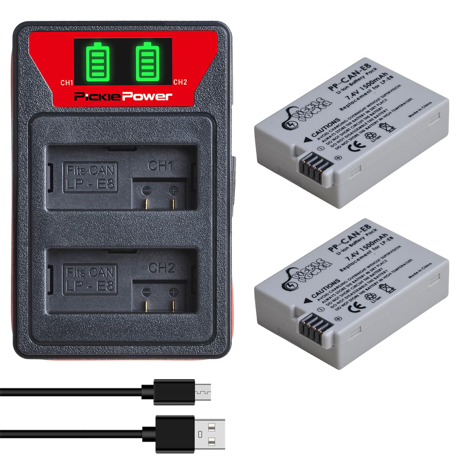 Pickle Power2Pcs LP-E8 Battery and Rapid Dual Charger for Canon Rebel T2i /T3i /T4i /T5i, EOS 700D /550D /600D /650D, Kiss X5/ X4/X6i/X7i Cameras