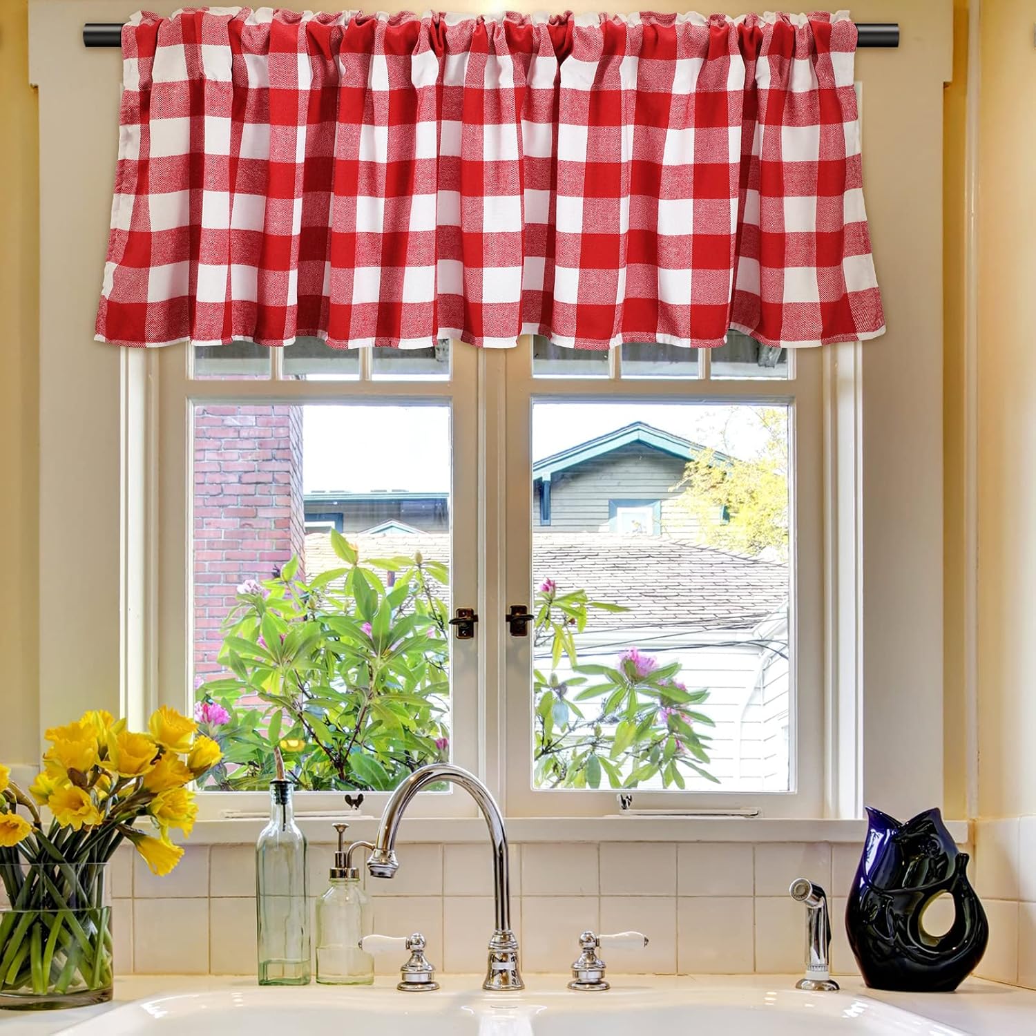 Tatuo Buffalo Plaid Curtain Buffalo Window Valance, Red-White, 2 Pieces | Farmhouse Design Window Decor Rod Pocket Valances for Kitchen, Bathroom, Living Room, 16 x 56 Inch