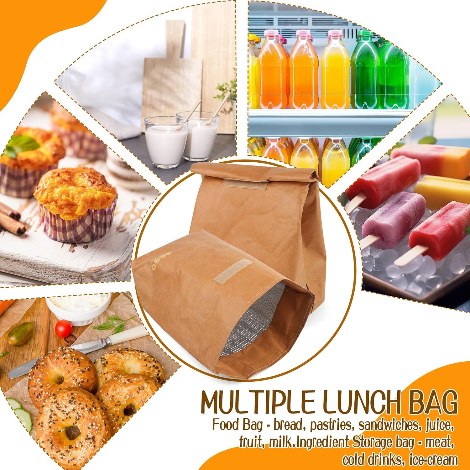 2 Pcs Insulated Brown Paper Lunch Bags, Reusable Lunch Bag Large Retro Sacks Thermal Insulation Food Storage Handbag for Adults Office Work Picnic Travel Snacks - 7.8"L x 5.9"W x 11.8"