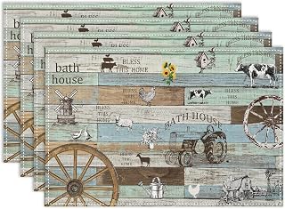 Farmhouse Animal PlaceMats Set of 4, 12x18 Inch Rustic Vintage Barn Windmill Teal Brown Plank Heat Resistant Table Mats for Home Kitchen Dining Party Decor.