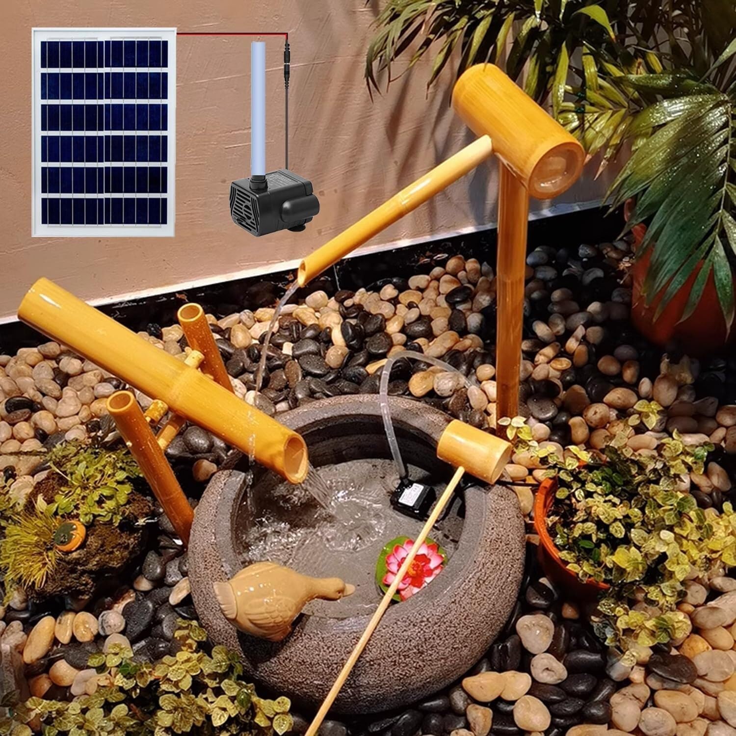 Solar Bamboo Water Fountain, 6W Solar Pump with Handmade Bamboo Design for Garden, Pond, Fish Tank, Zen Decor, Outdoor/Indoor Water Feature