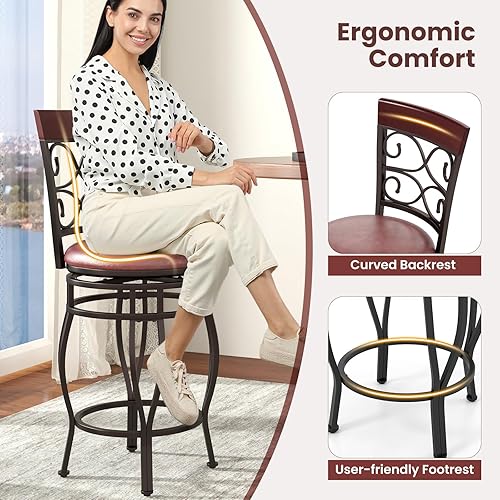 Miniatura 7 de GOFLAME Juego de 4 taburetes de bar giratorios de 26 pulgadas de altura de mostrador con asiento tapizado de piel sintética, respaldo ergonómico y
