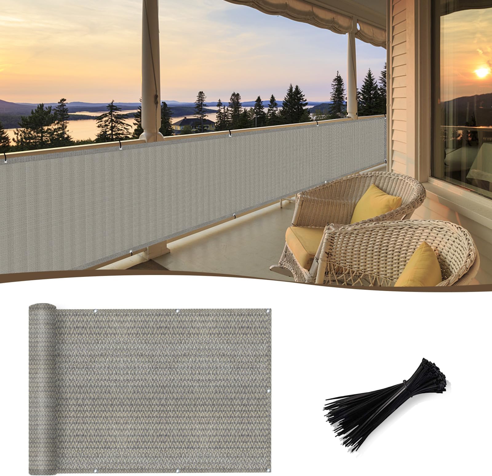 SUNNY GUARD 3'x10' Brown Grey Balcony Privacy Screen Fence Apartments Railing Cover Heavy Duty Mesh Windscreen for Outdoor,Backyard,Patio,Deck Privacy