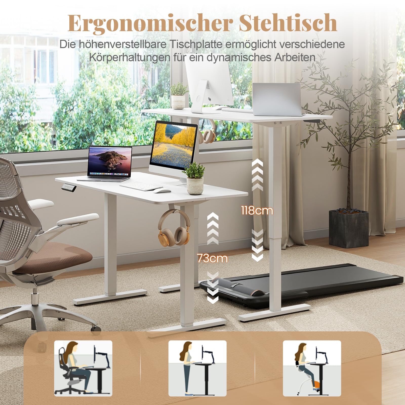 COSTWAY Höhenverstellbarer Schreibtisch 120 x 60 cm, elektrischer Stehschreibtisch mit Haken & Kabelmanagement, Steh-Sitz Tisch mit Memory Funktion & Kollisionschutz, Computertisch (Weiß)
