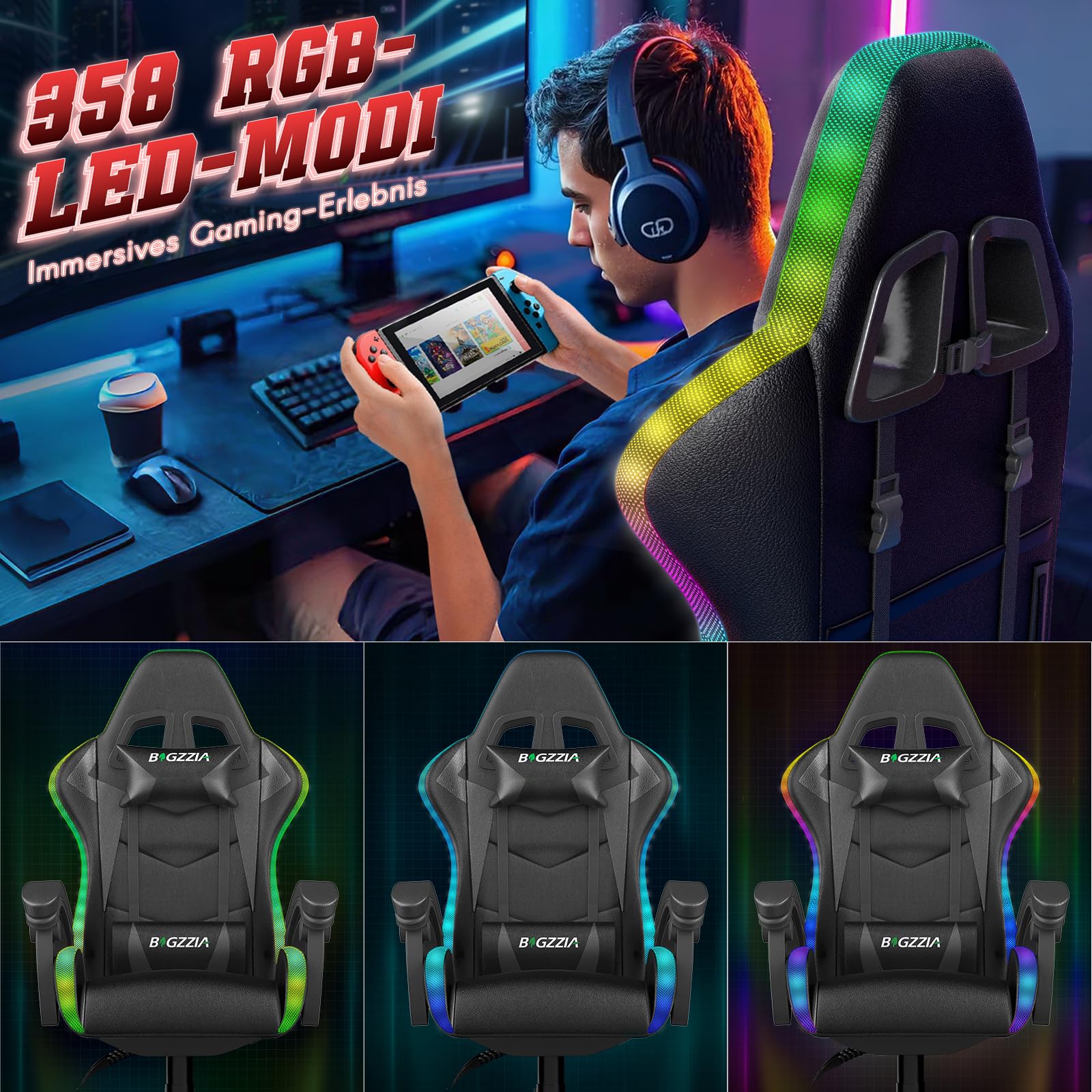 Racingreat Gaming-Stuhl LED mit Schillernde Lichtleiste, PC Gaming Stuhl mit Polsterung und Kopfstütze, Verstellbarer Höhe und Taillenwinkel, Gamer-Sessel Für Erwachsene, Mädchen, Jungen (Schwarz)