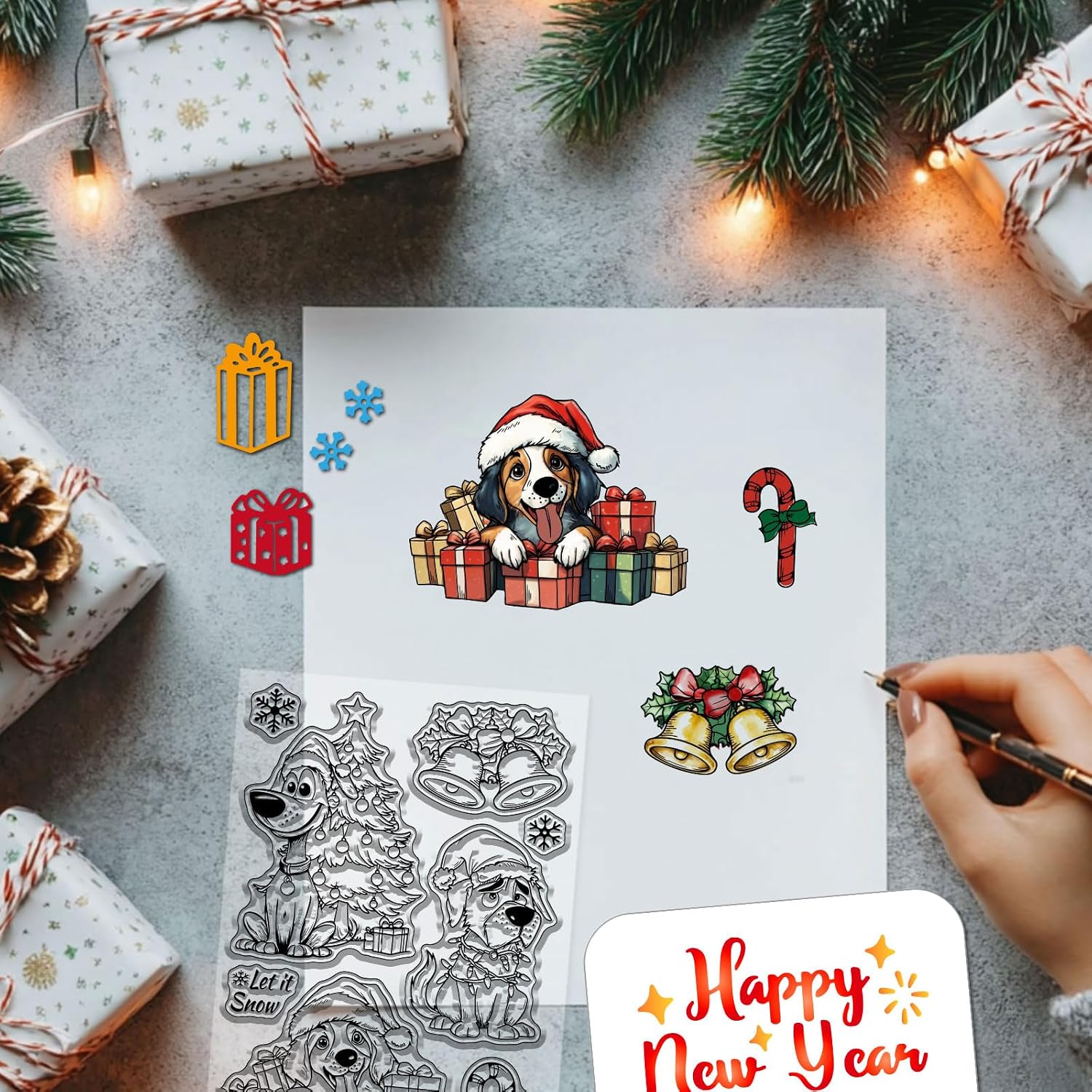 GLOBLELAND Christmas Dog Gift Clear Silicone Stamp Metal Owl Raccoon Hedgehog Cutting Die Cuts Merry Christmas Blessing Paint Craft Stencils for Card Making Scrapbooking Craft DIY Embossing image 3