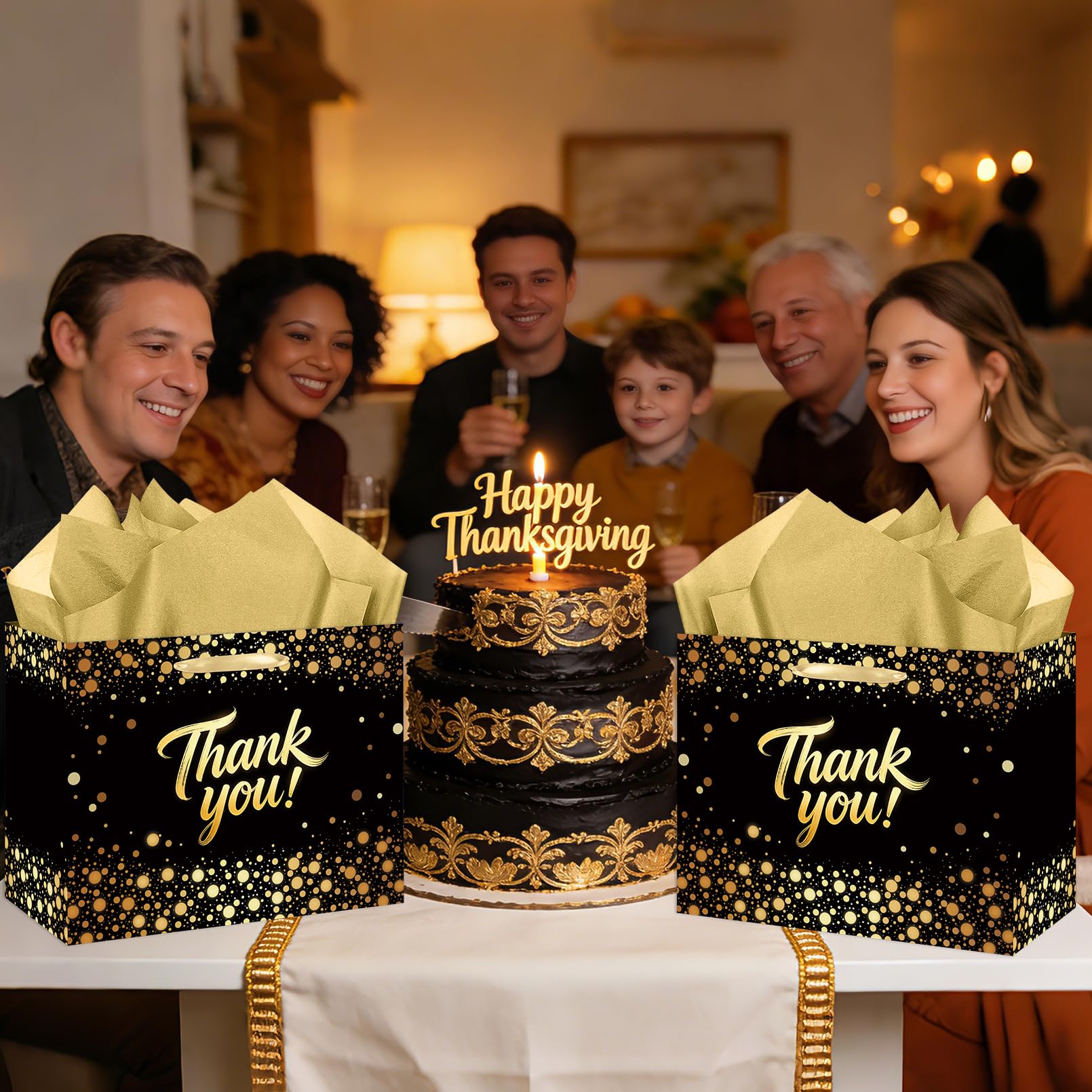 YXYASR Elegant Black Gold Thank You Gift Bag with Handles - Large Gift Bag Set Includes 3 Sheets of Gold Tissue Paper and Matching Greeting Card with Envelope - for Weddings, Graduations