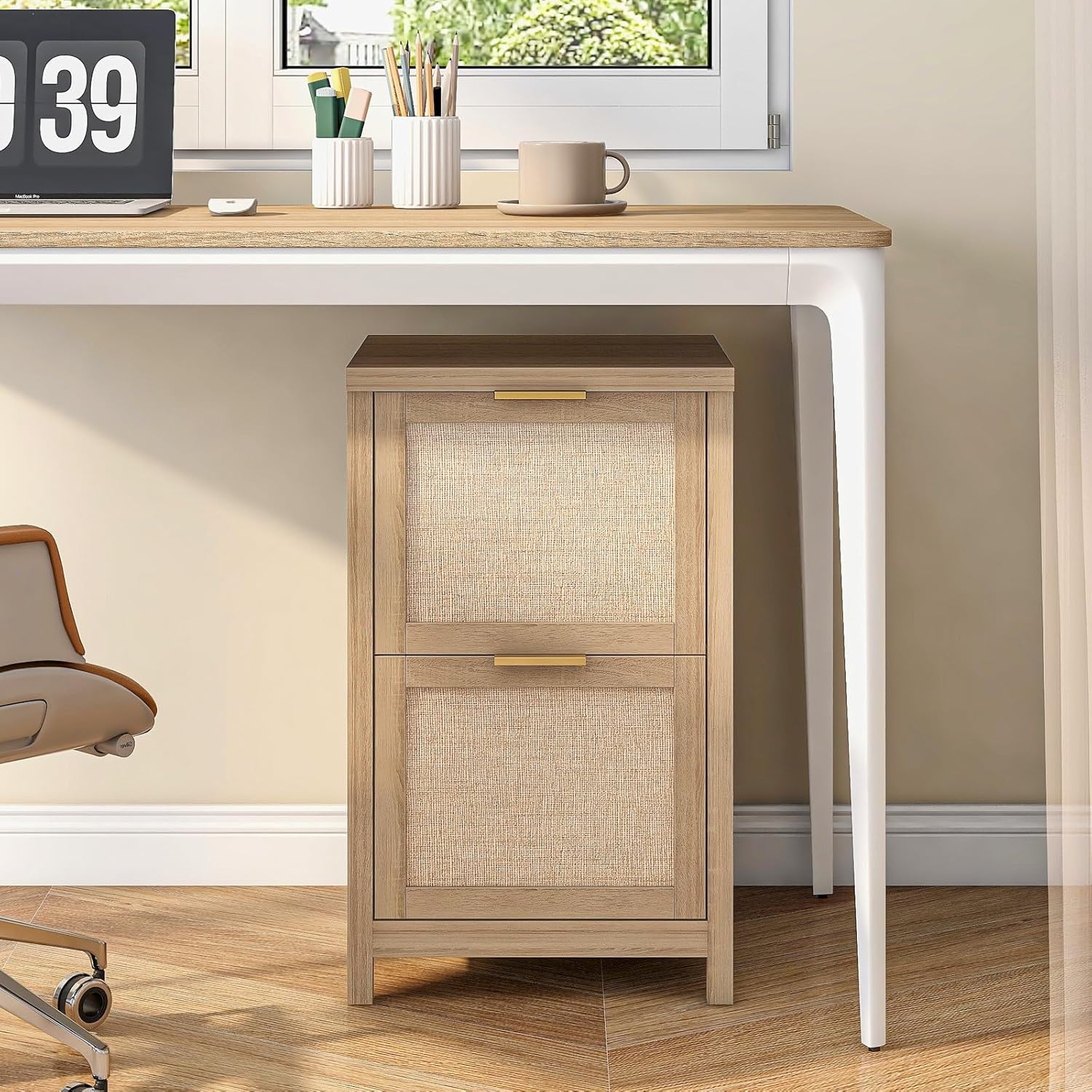 Halitaa 2-Drawer Rattan Small File Cabinet, Farmhouse Vertical Filing Cabinet Fits A4/Letter Size, Under Desk File Cabinets with Storage for Home Office, Wooden Printer Stand, Natural Oak