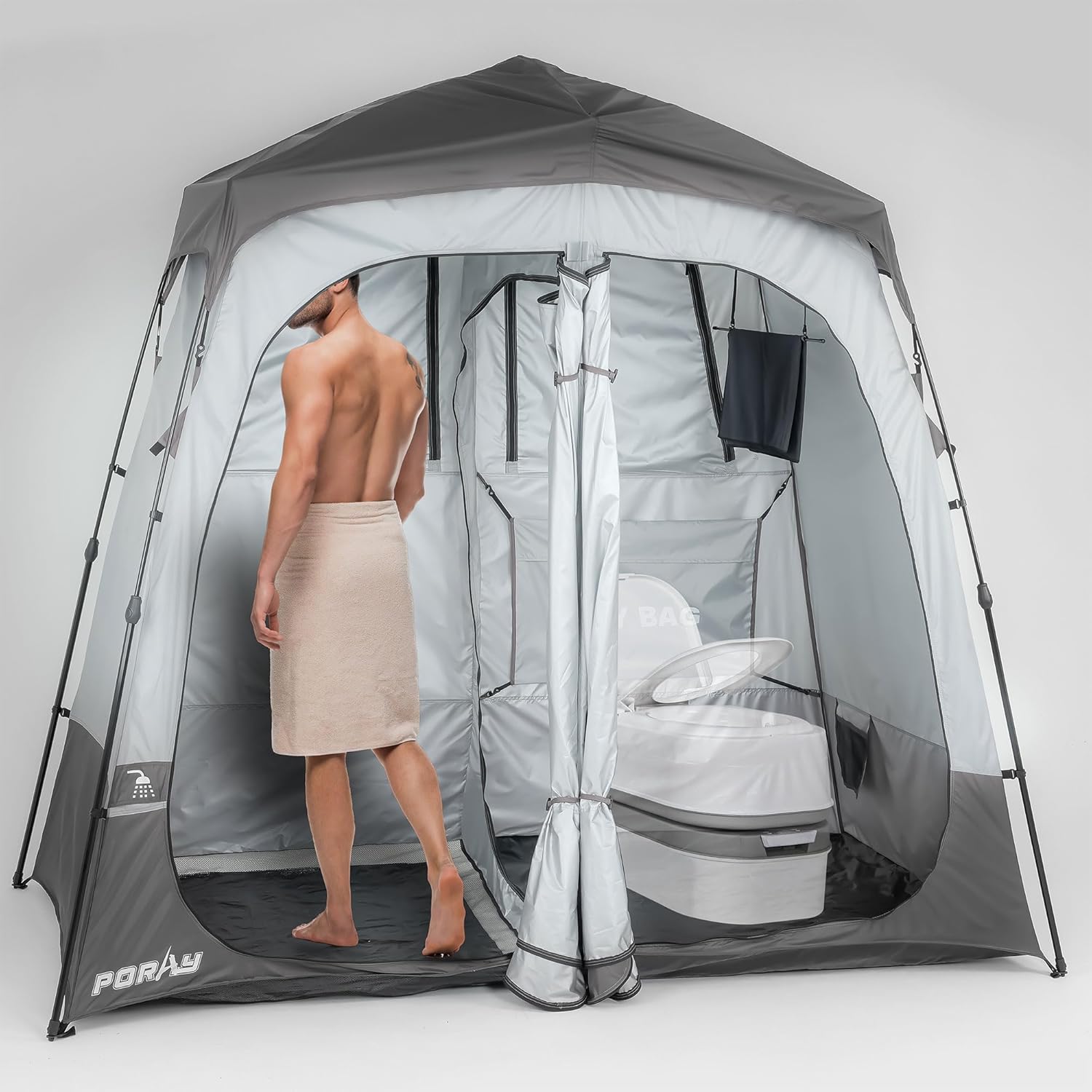 camping shower tent deluxe changing room easy set up privacy shelter,large toilet tent 2 rooms with floor drain design for beach, camping,hiking with stakes and ropes for stability gray
