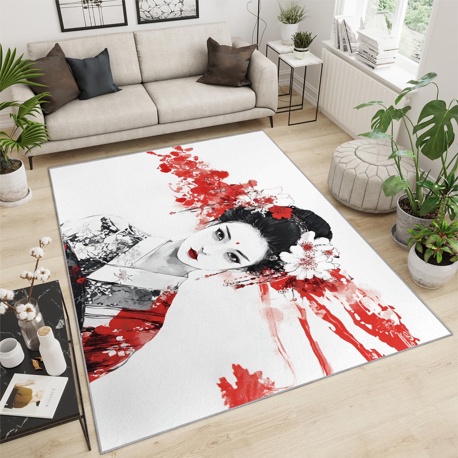 SANSJI Japanese Decorations Bedroom - Japanese Geisha Rug, Red Flowers Rugs for Living Room Bedroom, Washable Non Slip Soft Large Carpet, Traditional Girl Area Rugs & Home Decor 180x270 cm