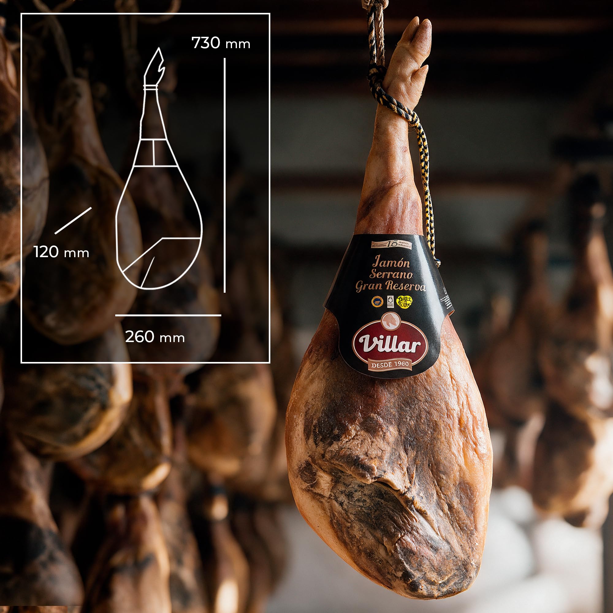 Jamon Serrano Gran Reserva Villar Desde 1960 pieza entera 7.5-8 kg certificado ETG Calicer