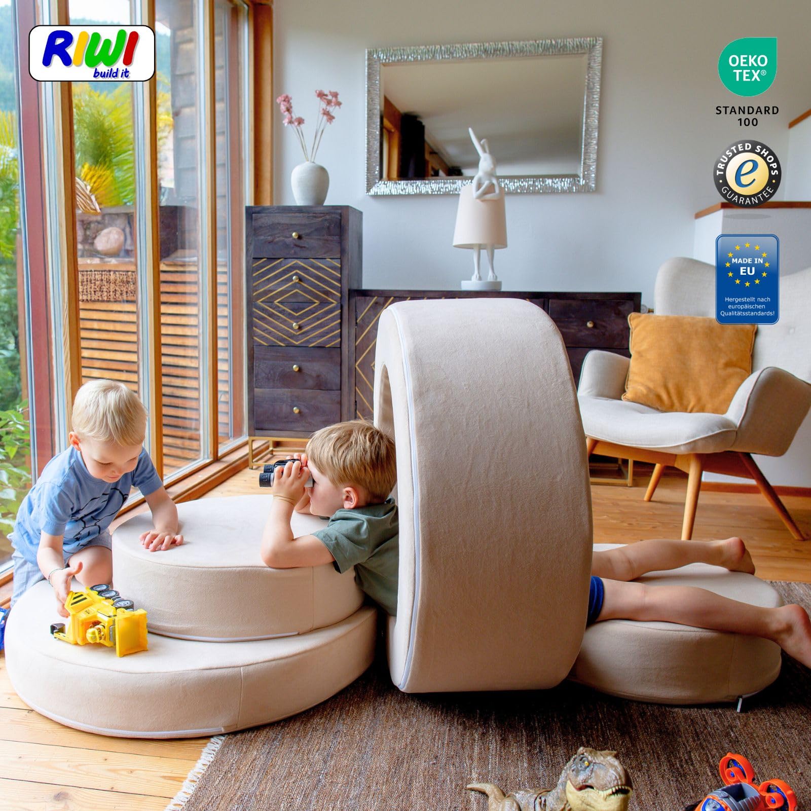 RIWI® Loop – Hellblau Premium (RCC202-27) | modularer Spielhocker für Kinder | 3-in-1 Sitzmöbel, Spielgerät & Bauobjekt | weich, sicher & waschbar