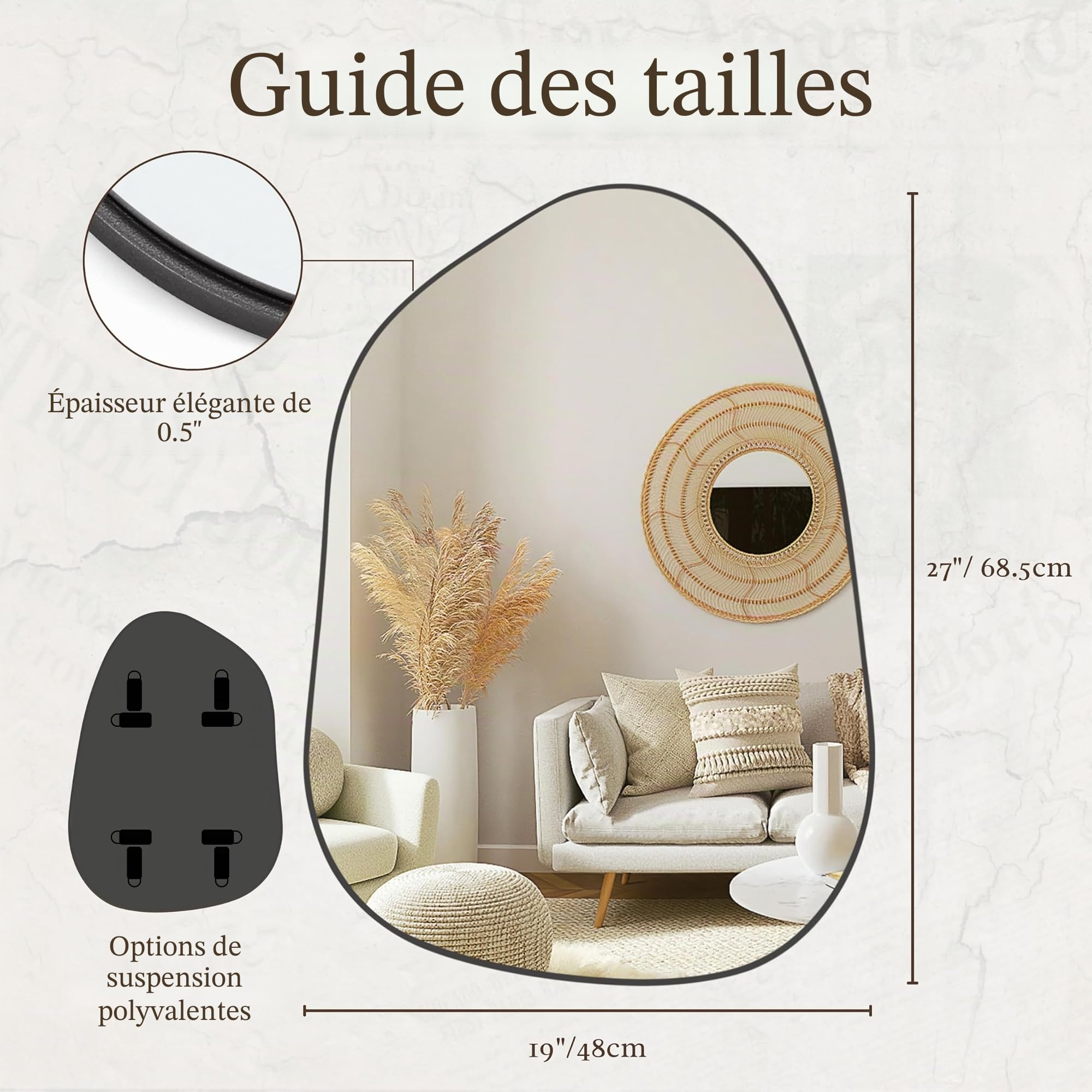 PERFNIQUE Miroir mural irrégulier, 68,6 x 48,3 cm, noir pour salle de bain, chambre à coucher, salon, entrée, décoration murale moderne, miroir mural (noir, 68,6 x 48,3 cm)