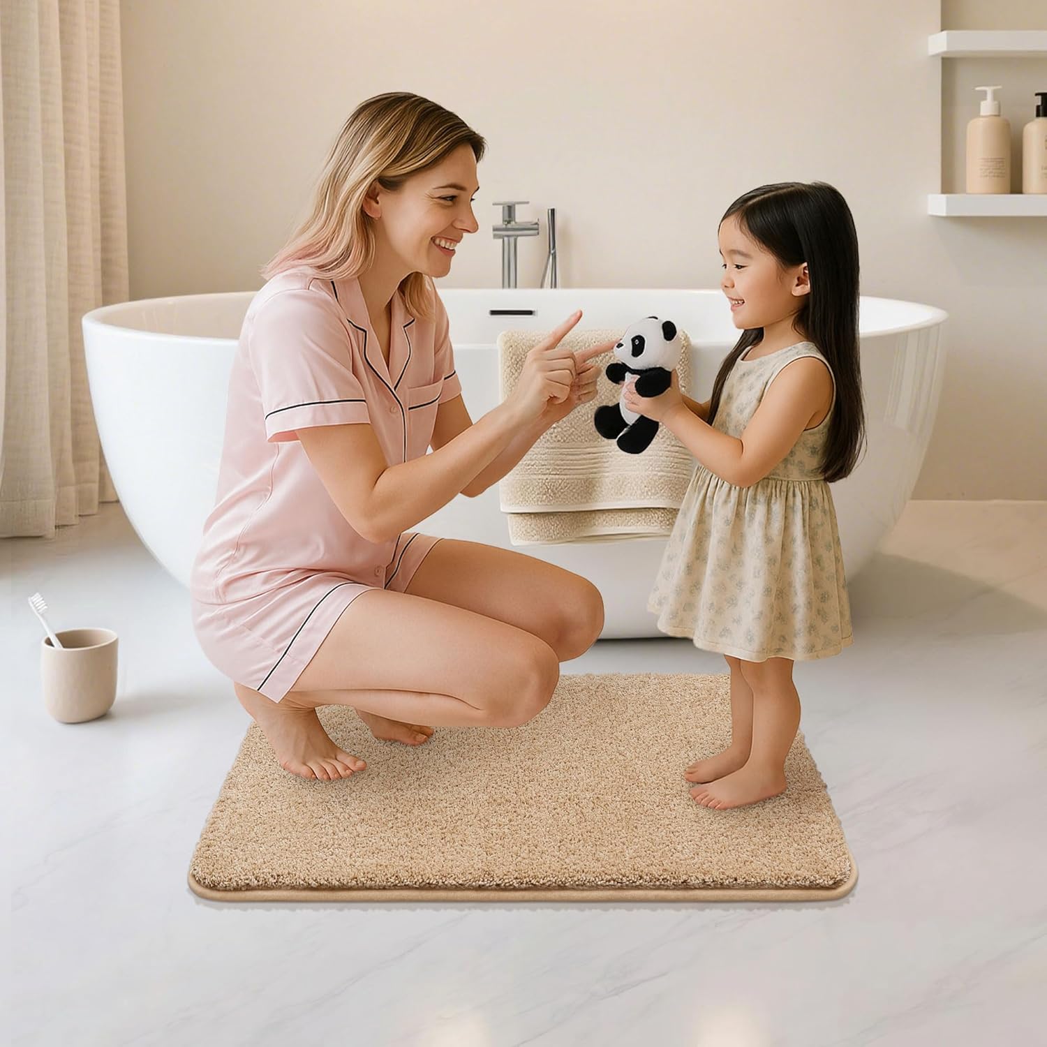 COSY HOMEER Bath Rugs for Bathroom Extra Thick - Anti-Slip Bath Mats Soft Plush Yarn Shaggy 100% Strong Mirco Polyeste Mat Living Room Bedroom Mat Floor Water Absorbent(Beige,24x36 - Inches)