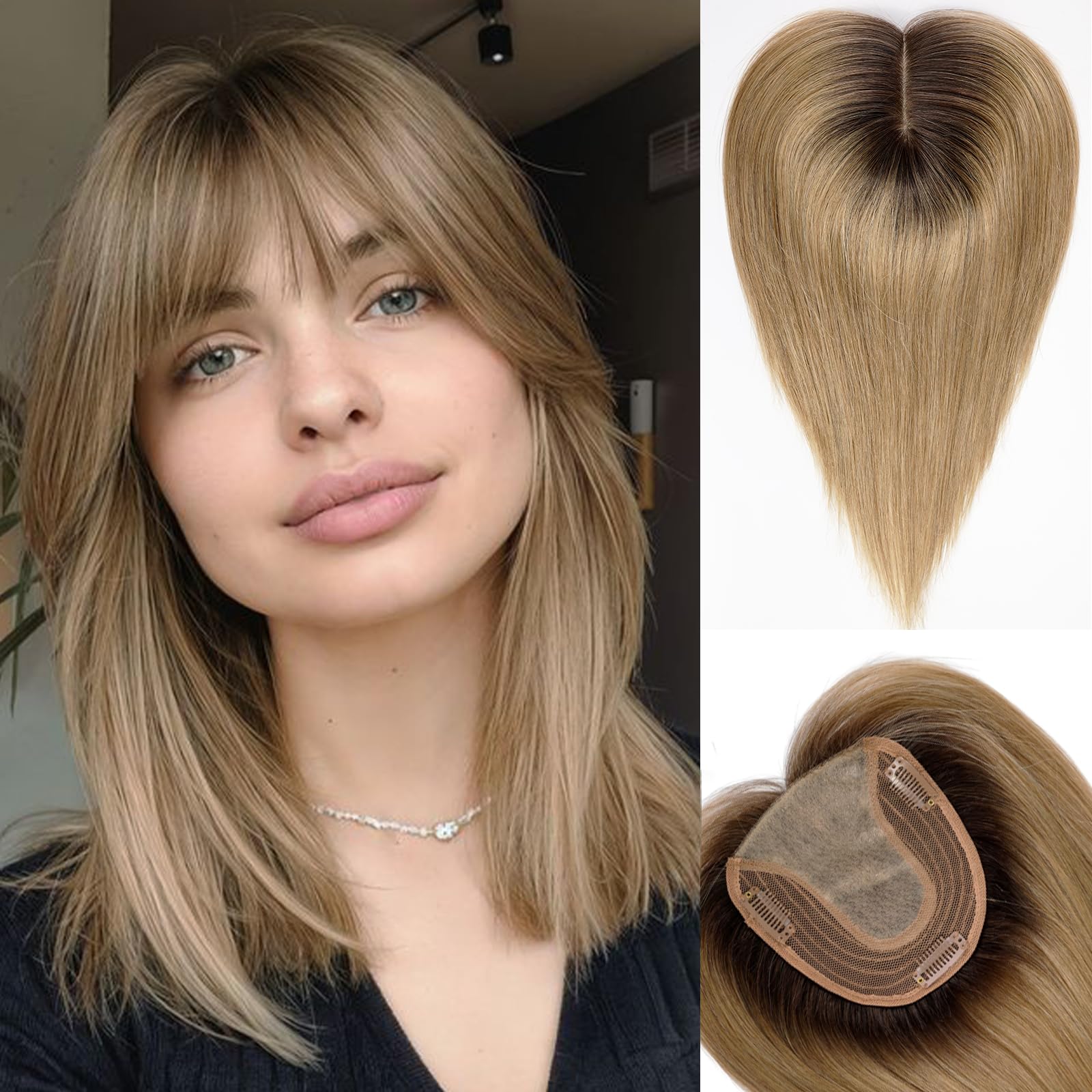 HAIRCUBE Hair Toppers for Women Real Human Hair With Bangs 5 * 5.5 inch Base 14 inch ombre Ash Blonde Human HairTopper for Women with ThinningHair Cover Gray Ro