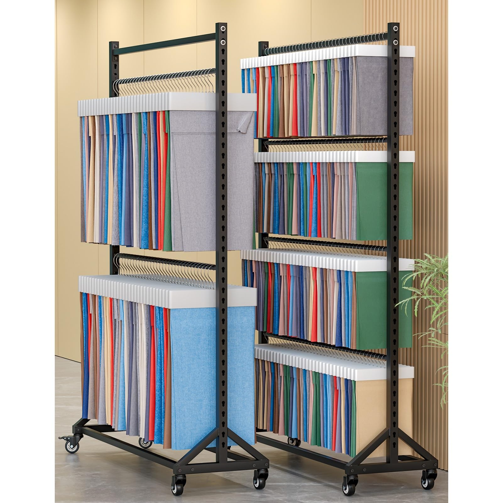 Generico Appendiabiti in Acciaio Resistente per Sciarpe, espositore Mobile per Coperte, trapunte, Asciugamani e tappetini, Organizer Commerciale con 2 aste (158x45x205 cm)