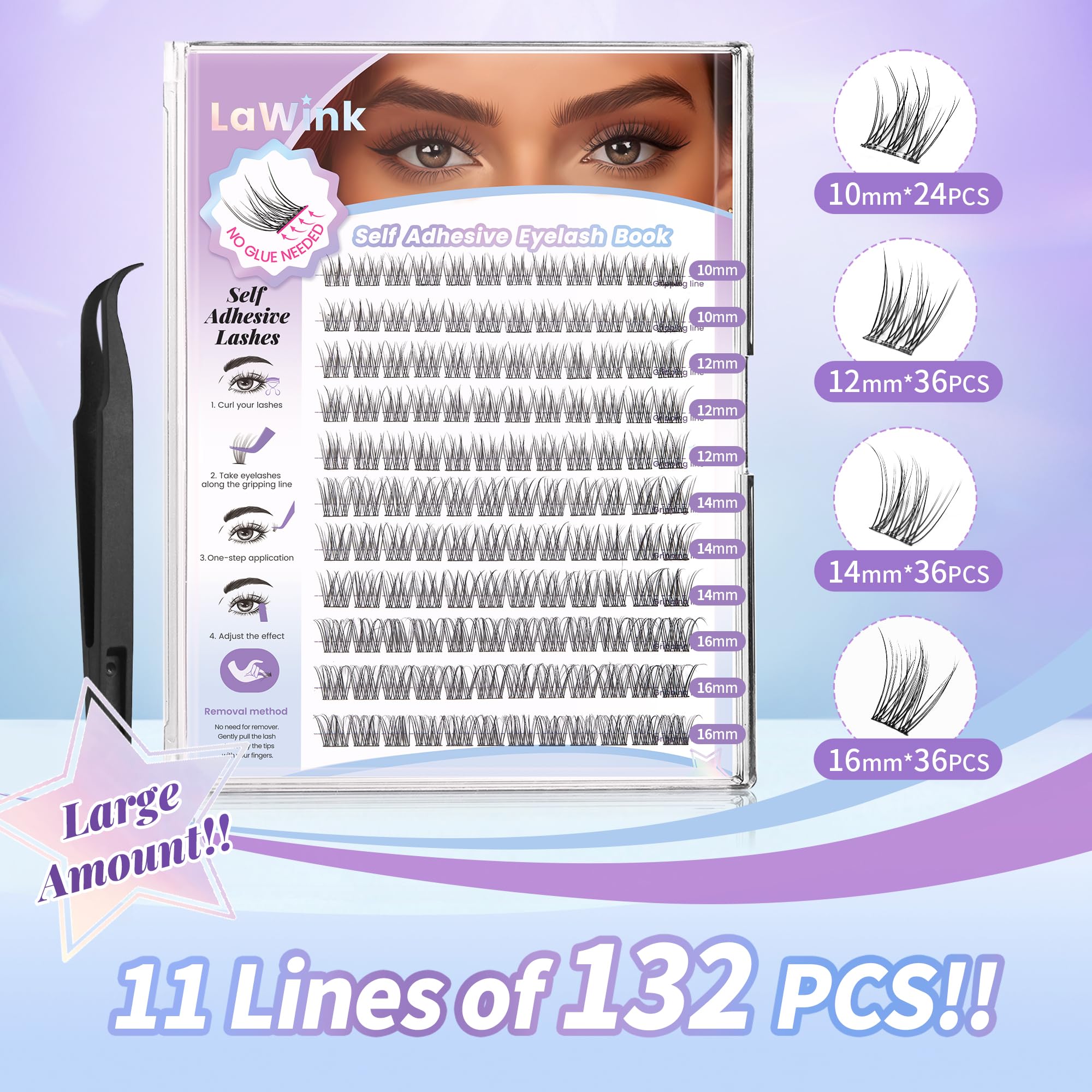 Self Adhesive Eyelashes Clusters Natural Lash Clusters No Glue Needed Lash Clusters 10-16mm 132pcs Natural look C curl Press On Lashes Pre Glued Eyelash Clusters Easy to Apply Beginner Friendly