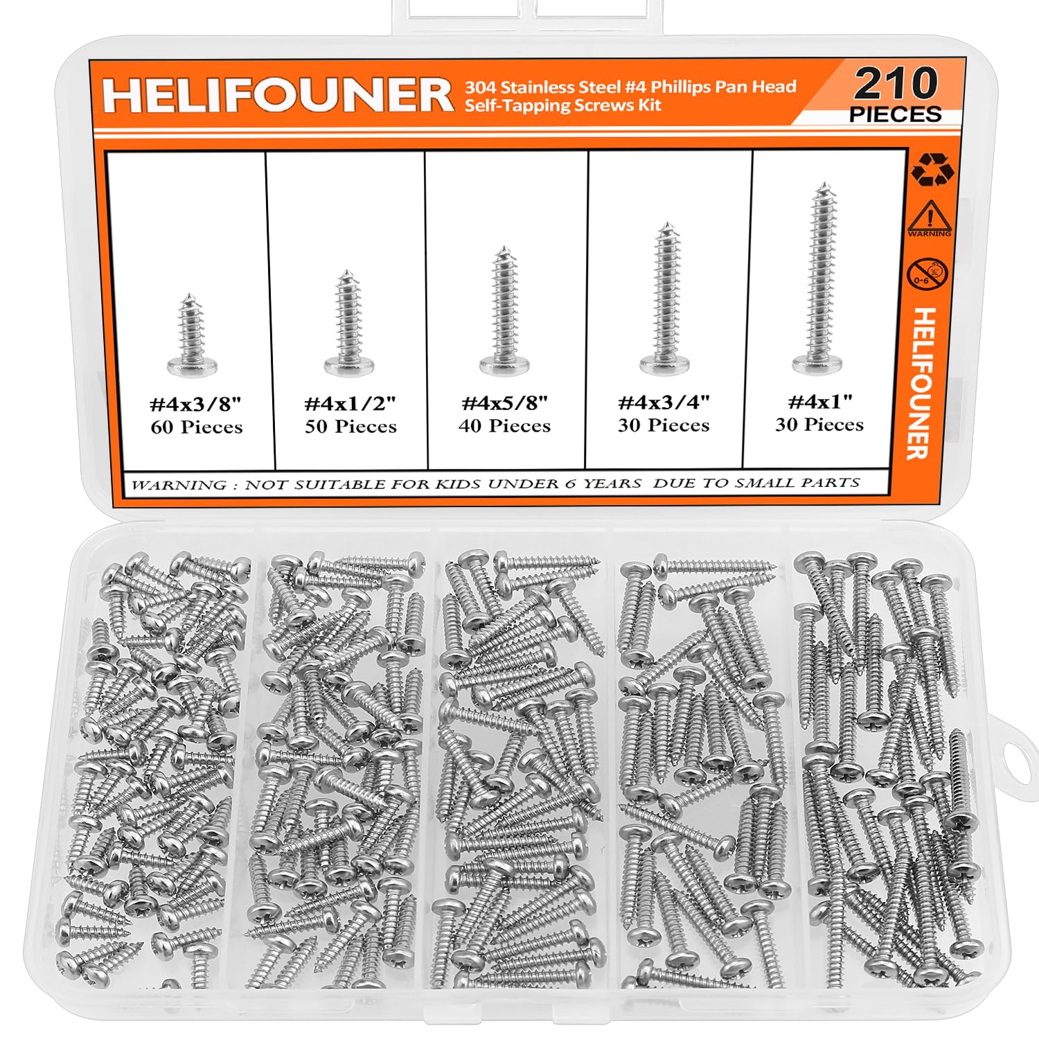 #4 x 3/8" 1/2" 5/8" 3/4" 1" Wood Screws Set, HELIFOUNER 210 Pieces Phillips Pan Head Self-Tapping Screws Assortment Kit, Phillips Pan Head Wood Screws