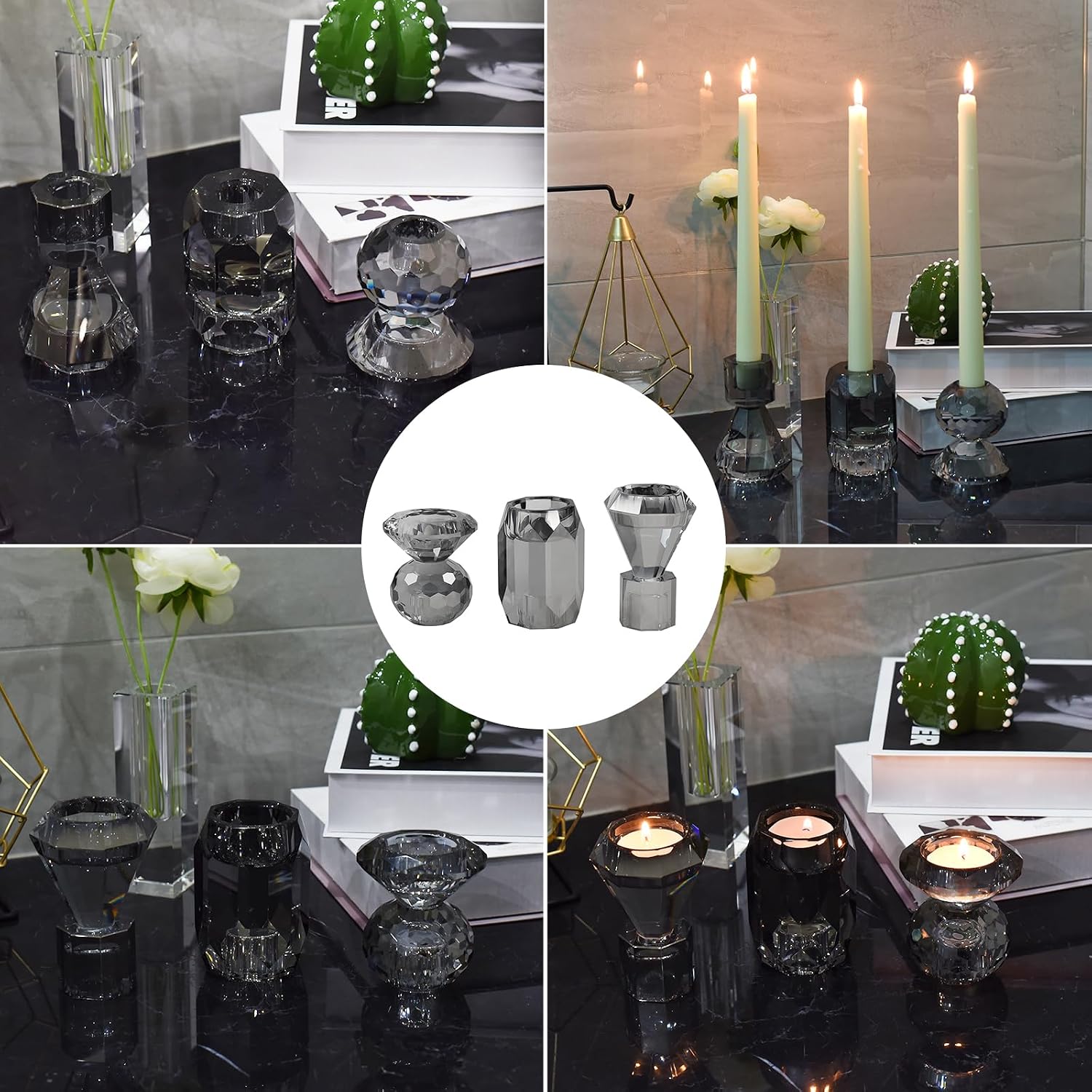 Smoky Grey Crystal Candle Holder, Set of 3 Crystal Clear Candlestick Stand for Pillar Taper Tealight Candle,Party, Wedding and Christmas Candle Holder Decoration