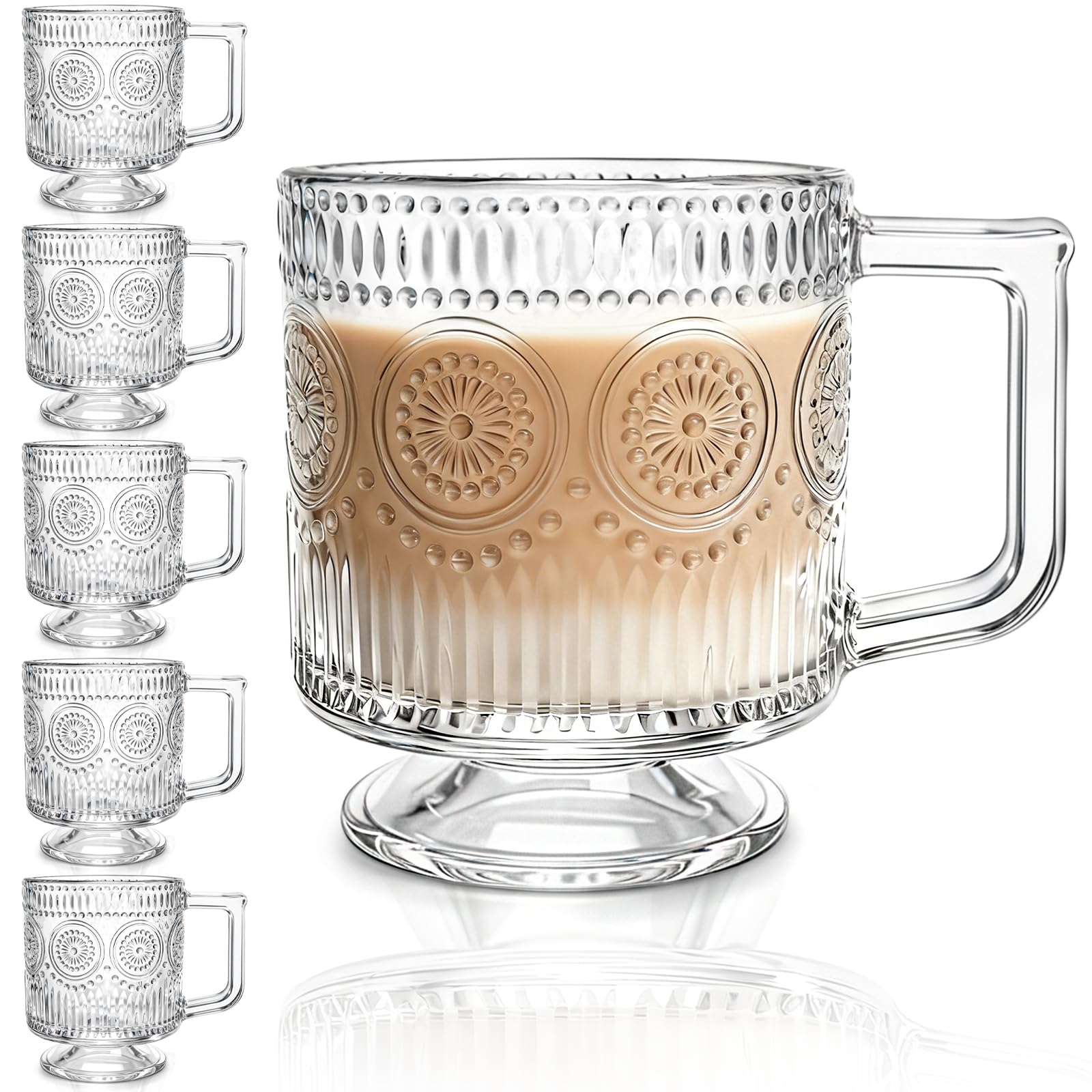 Pumtus 6 Pack Glass Coffee Mugs, 8 OZ Footed Irish Tea Cup with Handle, Embossed Floral Latte Cappuccino Mug, Clear Romantic Glassware for Chocolate, Espresso, Smoothie, Cocktail, Cold Drinks