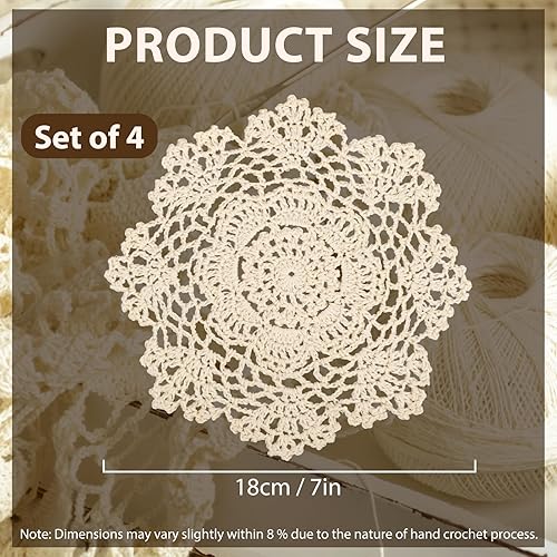 Miniatura 4 de kilofly Juego de manteles individuales de encaje de algodón de ganchillo, 4 unidades, beige, floral, 7 pulgadas