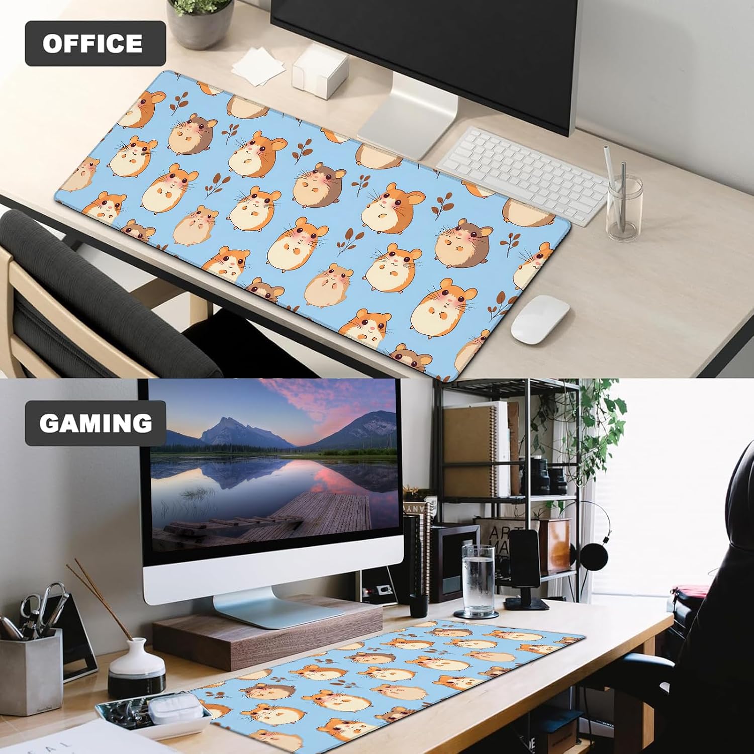 Hamster Gaming Mouse Pad,12x31.5in Non-Slip Rubber Cute Cartoon Desk Mat,Large Extended Light Blue Mousepad for Office Home Laptop,Mice Pads Gifts,Game Lover Deskmat Decor