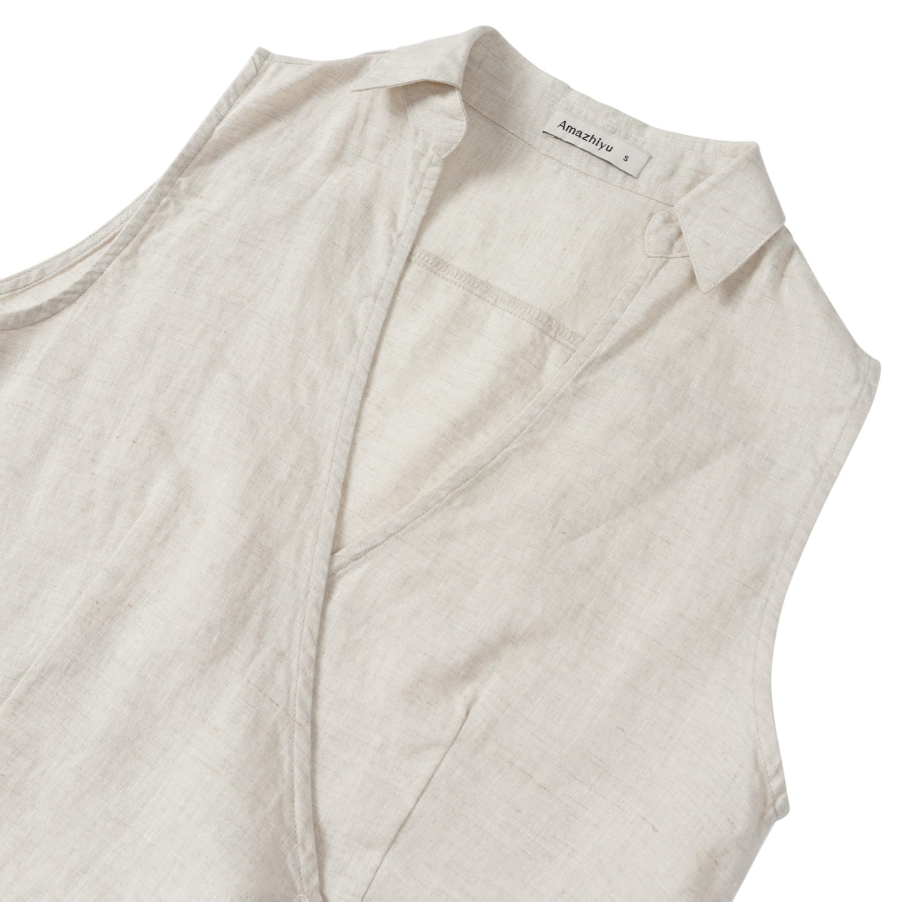 Amazhiyu Damen 100 % Leinen, V-Ausschnitt, ärmellos, bauchfreies Wickel-Top, Flachs, X-Groß