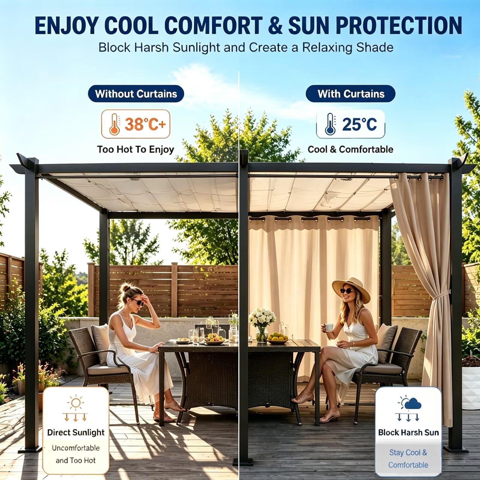Rideau occultant extérieur imperméable pour pergola H213x L266cm Brun clair