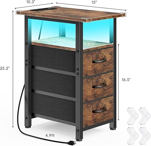 Miniatura 3 de Vagusicc Juego de 2 mesitas de noche con estación de carga y luces LED, mesa auxiliar estrecha, mesita de noche LED con 3 cajones de tela para