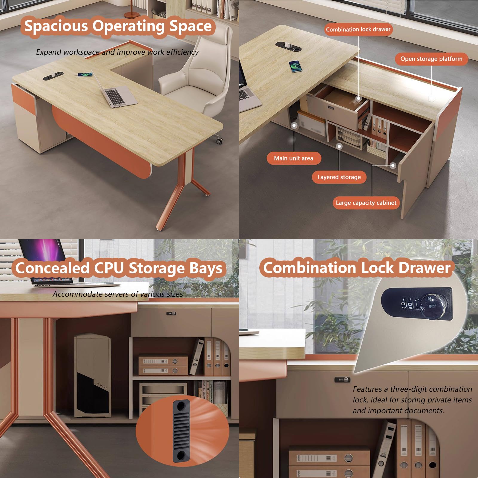 Scrivania direzionale moderna con prese integrate, cassetto di sicurezza per scrittura e raccoglitore laterale, slot per unità di lavoro professionale (140 x 70 cm, C (destra))