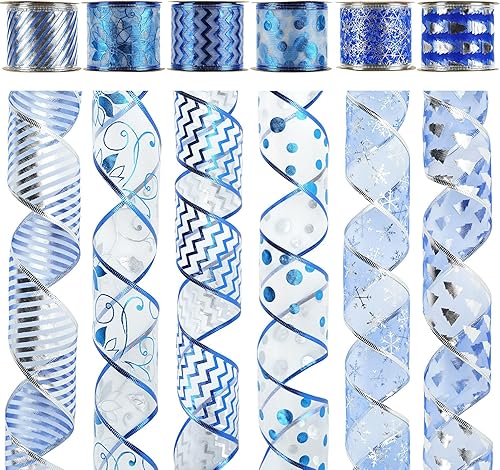 MEEDEE - Cintas de Navidad de 2.5 pulgadas, 6 rollos, 36 yardas en total, diseño en plateado y azul con alambre azul rey, para decoración de árbol