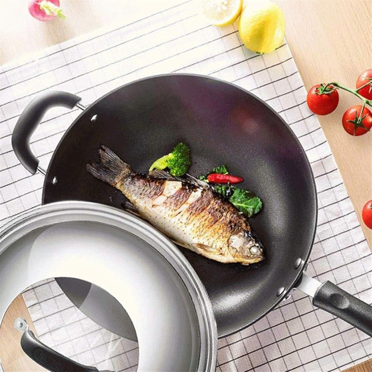 Woks and Stir Fry Pans with Lid, Nonstick Wok Pan with Lid, Wok with Lid, Nonstick Frying Wok Flat Bottom, Induction Compatible