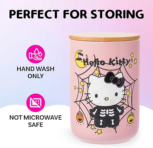 Miniatura 4 de Silver Buffalo-Tarro de cerámica para dulces, galletas o aperitivos con tapa hermética de bambú, de Hello Kitty, de Sanrio, con disfraz de esqueleto