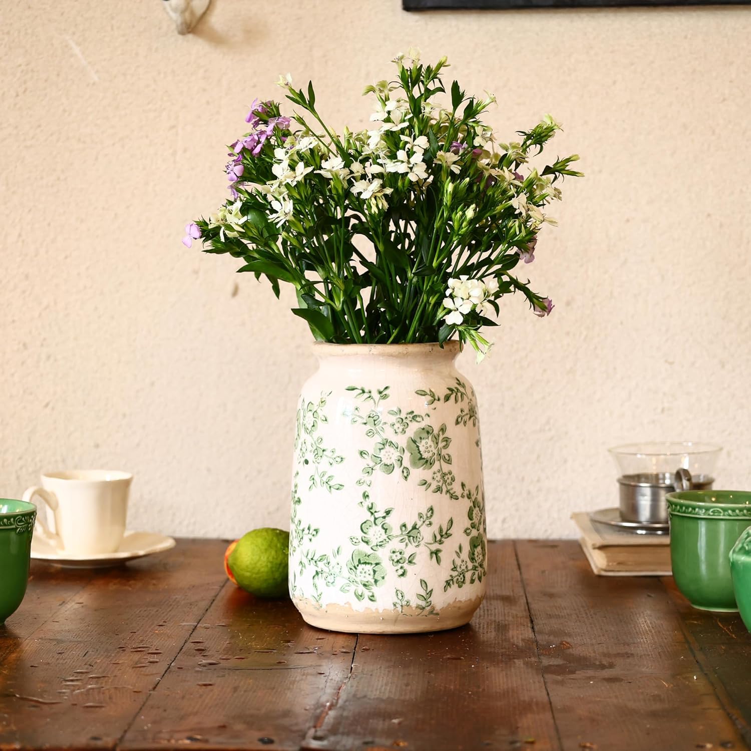 Vintage Blue and White Chinoiserie Ceramic Vase, 6.9” Hand-Painted Peony Floral Design, Antique Style Vases for Home Decor, Centerpieces, Living Room, Balcony (Green and White) - Image 4