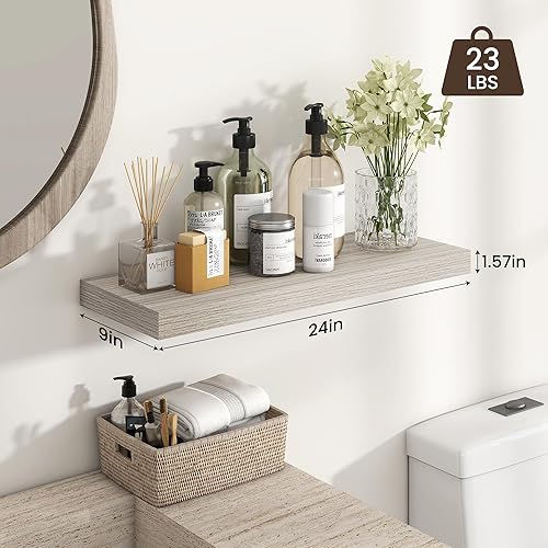 Miniatura 3 de Heimlove Estantes flotantes de 24 pulgadas para pared, estante de baño gris de 9.3 pulgadas de profundidad sobre inodoro, estantes de madera rústica