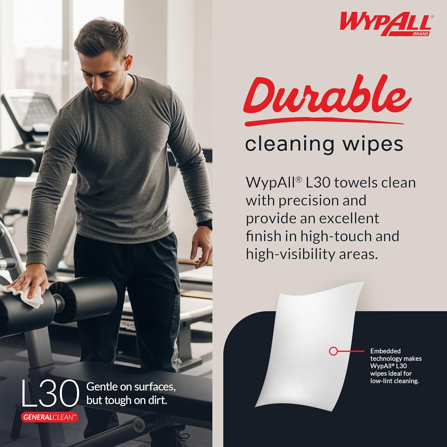 WypAll GeneralClean L30 Cloths Heavy Duty Cleaning Wipes, Jumbo (05841), Strong and Soft Bulk Paper Wipers, White (1 Roll of 875 Sheets)