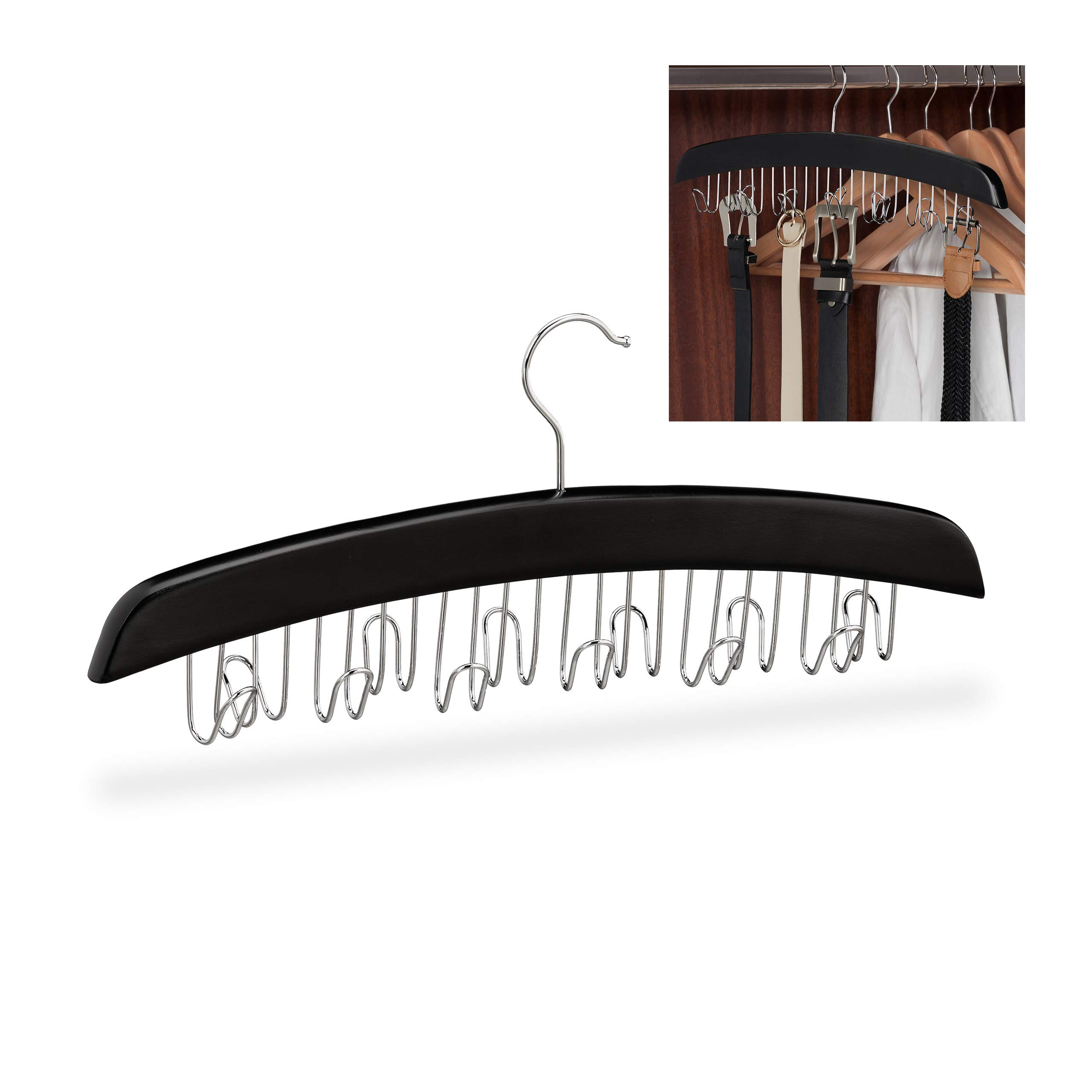 Set 4 Perchas Cinturones 12 Ganchos, Colgador Giratorio para Accesorios, Madera, 17,5 x 43 x 5,5 cm, Negro y Plateado
