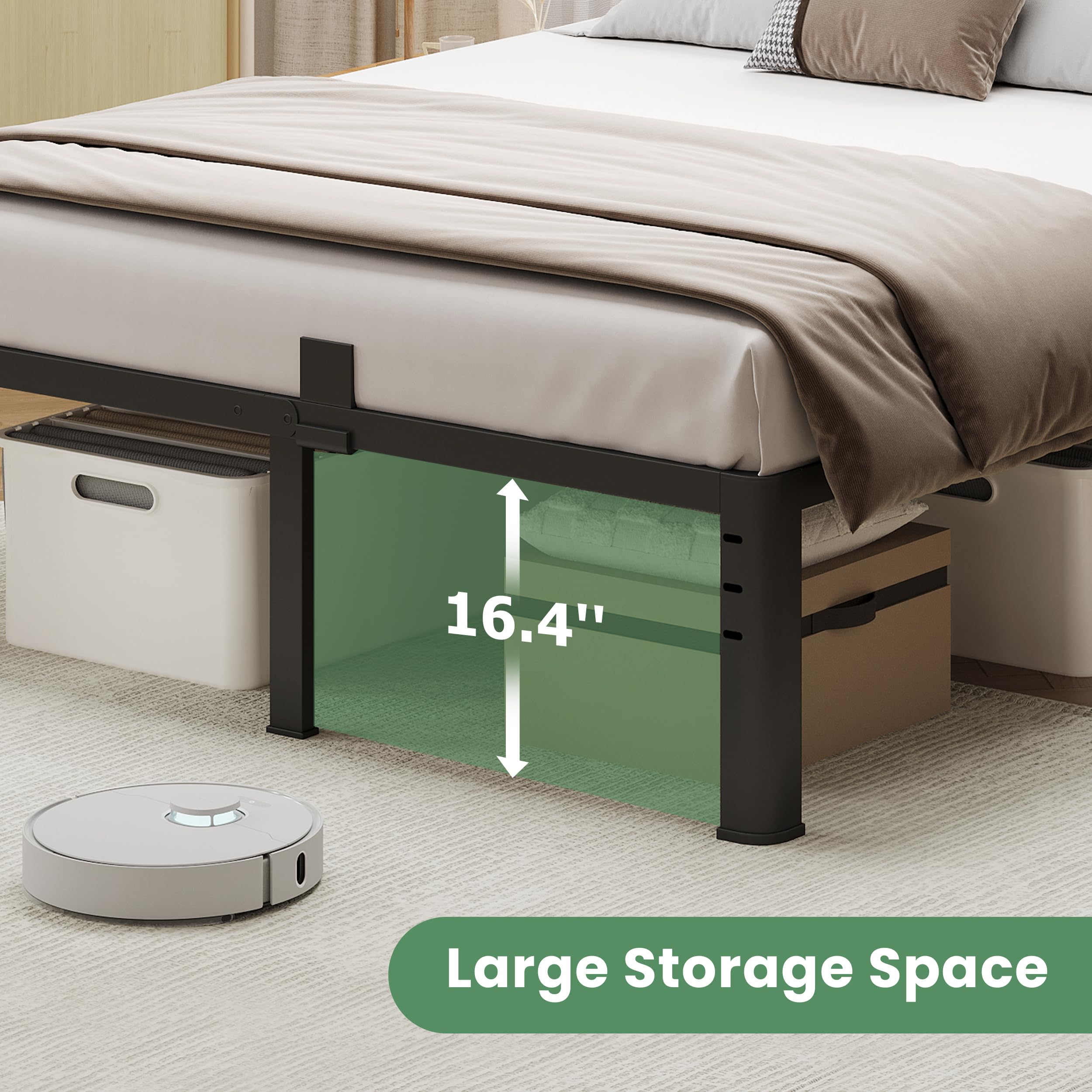 Marco de cama de plataforma de metal de 18 pulgadas, marco de cama tamaño Queen con patas de esquina redondas, soporte de listones de acero resistente de 3,500 libras, no necesita somier, fácil 7