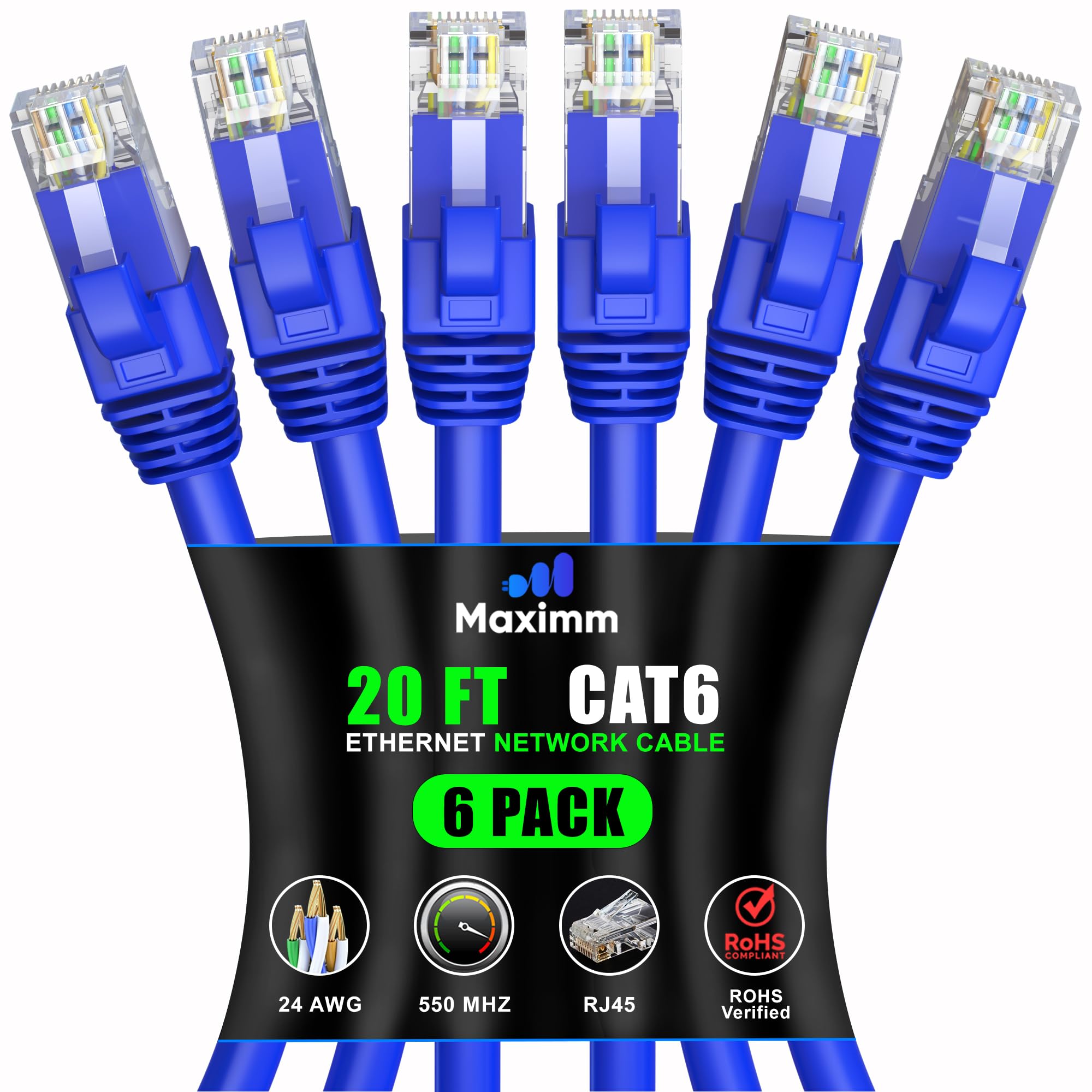 Maximm Lot de 6 câbles Ethernet CAT6 - 20 Ft - LAN - UTP - CAT 6 - RJ45 - Réseau, Patch, Internet - 6,1 m - Bleu
