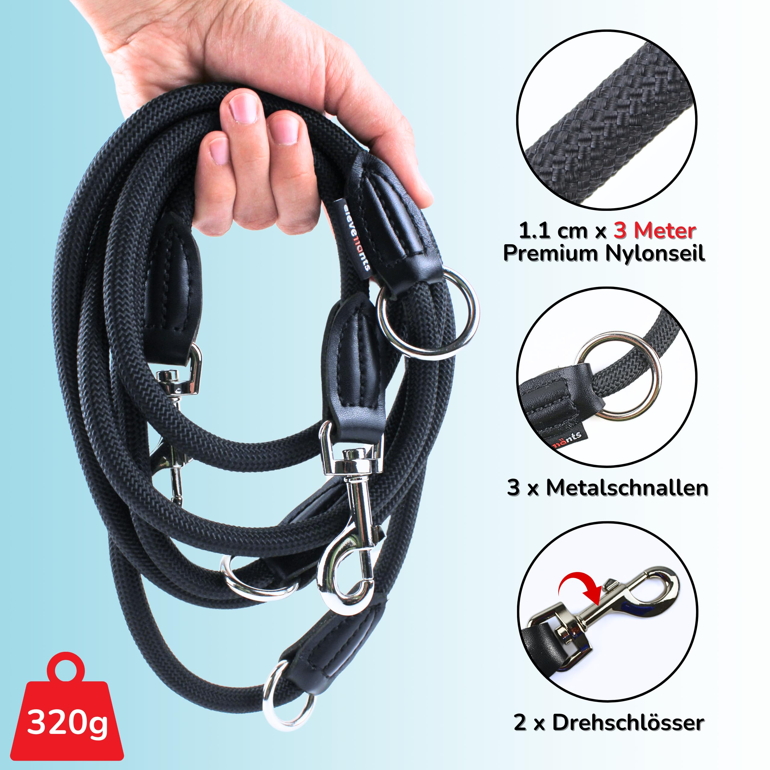 Laisse de chien réglable 3 mètres | Laisse robuste en nylon pour chiens de taille moyenne à grande | Laisse de promenade avec une force de traction de 200 kg | Laisse double avec 2