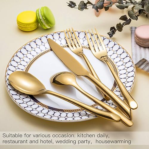 Miniatura 4 de Kelenfer Juego de cubiertos dorados de acero inoxidable, 20 piezas con mango ondulado, boda, inauguración de la casa, regalo para 4
