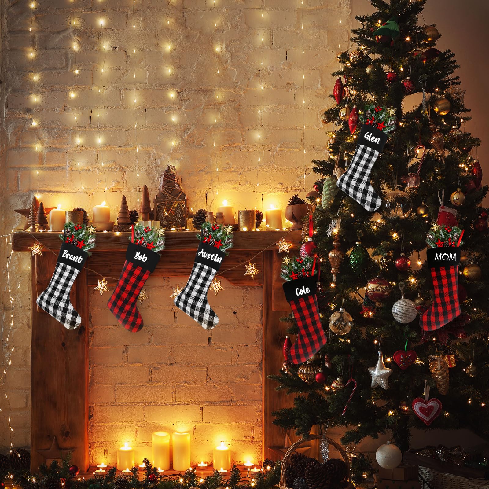 Tatuo Lot de 6 chaussettes de Noël en toile de jute à suspendre pour décoration d'arbre avec 4 feuilles d'autocollants en vinyle (noir, rouge et blanc)