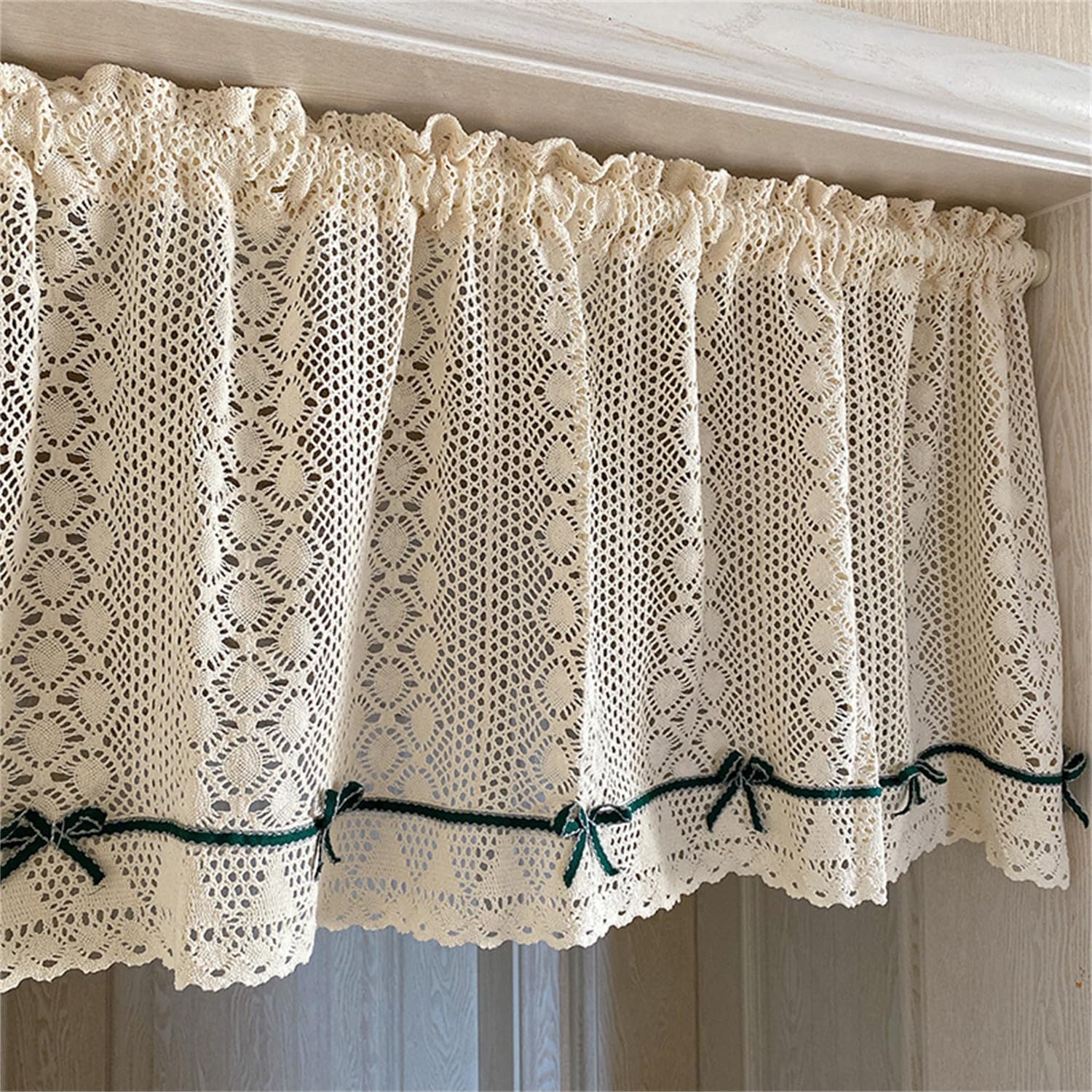 champracer Visillo corto con aspecto de ganchillo, estilo rústico, diseño de flores, estilo retro, cortina corta para ventana, de cocina, con borla (1 silla, 45 x 130 cm)