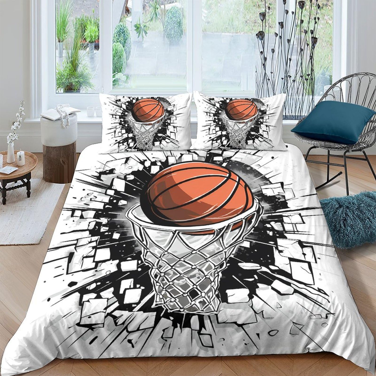 Ctjqhvkz Style-5 3D Printed Basketball Slam Dunk Fitted Sheet Microfiber Soft Anti-Slip Sports Hoop Bed Cover For Bedroom Dorm Mattress Decor Single（135X200cm）